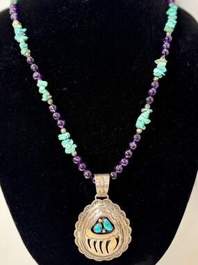 Vintage Turquoise & Amethyst Necklace with Sterling Silver Bear Claw Pendant